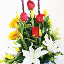 Tulips, lilies, roses and sunflowers