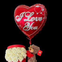 Red heart balloon with a rose box and teddy bear gift set