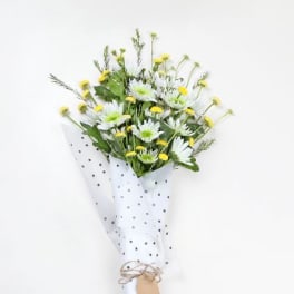 Bouquet of white daisies with yellow centers wrapped in white paper
