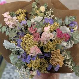 Mixed dried bouquet with pink, purple, yellow, and cream flowers