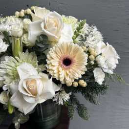 White roses and a pale peach gerbera daisy in a dark vase