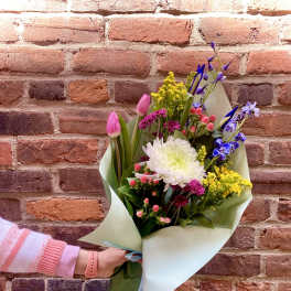 Handheld bouquet of pink tulips, white chrysanthemum, and purple flowers