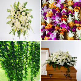 Collage of white sympathy sprays, a white casket spray, green garlands, and colorful orchid blooms