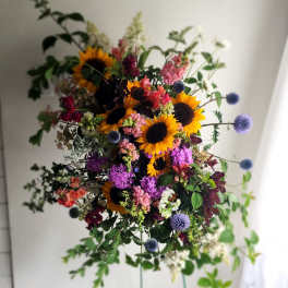 Large mixed bouquet with sunflowers and purple globe flowers