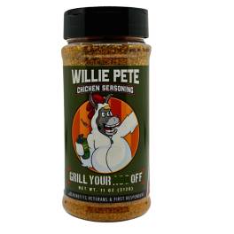 Jar of Willie Pete chicken seasoning with a black lid and cartoon label