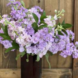 Lavender and pale pink flowers in a dark vase