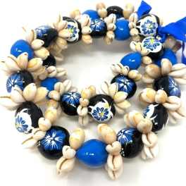Shell bead necklace with blue and black painted beads