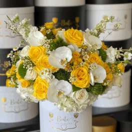 Round hatbox arrangement of yellow roses, white orchids, hydrangeas, and small daisies in a white box.