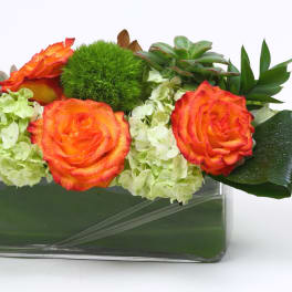 Orange roses and succulents arranged in a rectangular glass vase