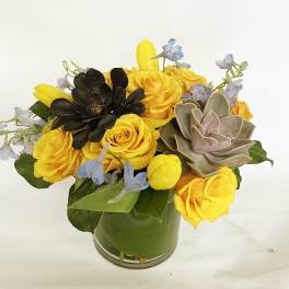 Yellow roses and succulents arranged in a glass vase