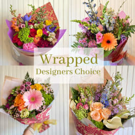 Collage of colorful wrapped mixed flower bouquets with "Wrapped Designers Choice" text.