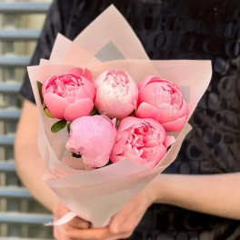 Handheld bouquet of pink peonies wrapped in pale pink paper