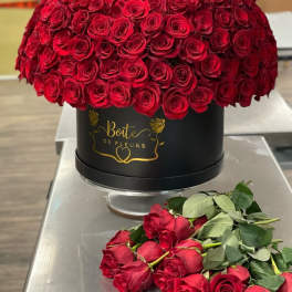 Large dome of red roses in a black round box