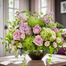 Pink roses and green blooms arranged in a dark vase