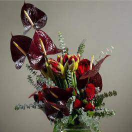 Dark red anthuriums and red flowers in a glass vase with eucalyptus