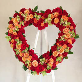Red and Orange Roses With Orchids Heart