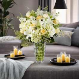 White and pale yellow floral arrangement in a clear glass vase