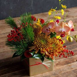 Mixed floral arrangement in a gold box with orchids and red berries