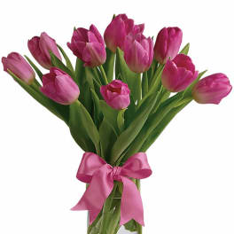 Pink tulip bouquet in a clear glass cylinder vase with a pink ribbon bow