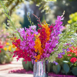 Bright orchid arrangement in a clear glass vase