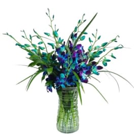 Blue and purple flowers in a tall green glass vase