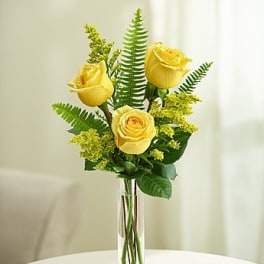 Tall bud vase with three yellow roses and fern accents