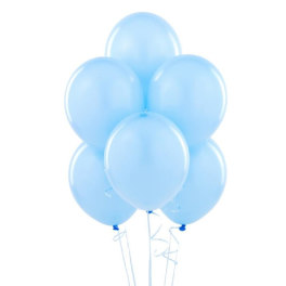 Cluster of light blue balloons on white strings