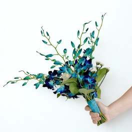 Handheld bouquet of blue orchids and white filler flowers