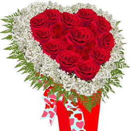 Heart-shaped red rose arrangement with white baby's breath in a gift box