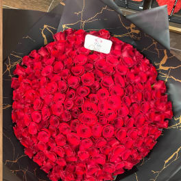 Large round bouquet of red roses wrapped in black paper
