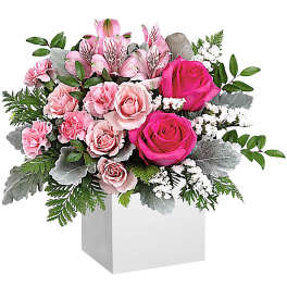 Pink rose and alstroemeria arrangement in a white box