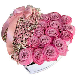Pink roses arranged in a heart-shaped box with a satin ribbon