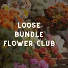 Loose bundle flower club sign over buckets of colorful flowers