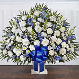 Luxury Heartfelt Tribute Blue & White Floor Basket Arrangement