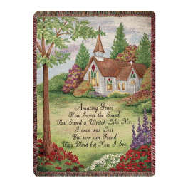 Decorative blanket with a church scene and printed hymn text