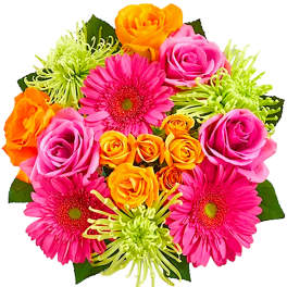 Bright bouquet of pink gerbera daisies and orange and pink roses