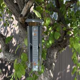 Butterfly-themed wind chime hanging from a tree branch