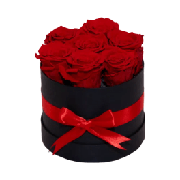 Red roses in a black round box with a red ribbon