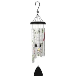 Hanging metal wind chime with printed tubes and a black clapper