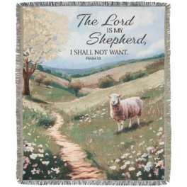 Fringed blanket with a pastoral sheep scene and Psalm 23 text