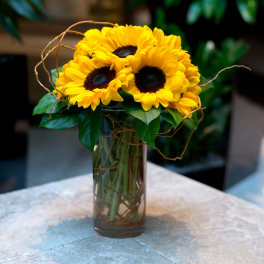Sunflower bouquet in a tall glass vase