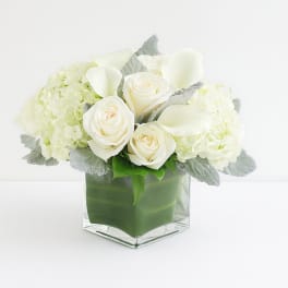 White roses and pale hydrangeas in a clear square vase