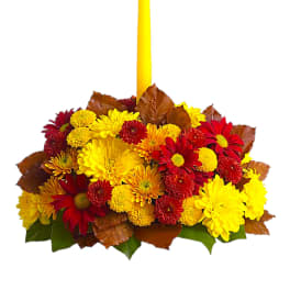 Yellow candle in a low arrangement of red and yellow chrysanthemums
