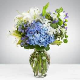 Blue hydrangeas and white lilies with purple accents arranged in a clear glass vase