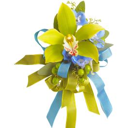 Boutonniere with a yellow orchid and blue flowers tied with ribbons