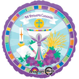Round communion balloon with chalice, candle, and grapes