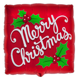 Red square balloon with "Merry Christmas" text and holly decorations