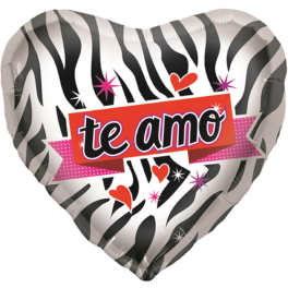 Heart-shaped zebra-print balloon with "te amo" text