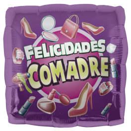 Purple balloon with "FELICIDADES COMADRE" text and makeup icons