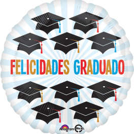Round graduation balloon with mortarboards and Spanish text